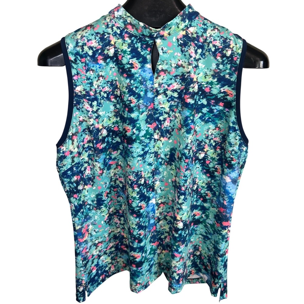Lady Hagen Womens XL Teal Floral Sleeveless Golf‎ Polo Mock Neck Keyhole Top - Picture 2 of 6